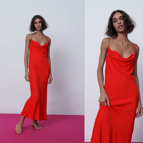Zara NWT Bloggers Favorite Red Silk Camisole Dress Small - Picture 3 of 11
